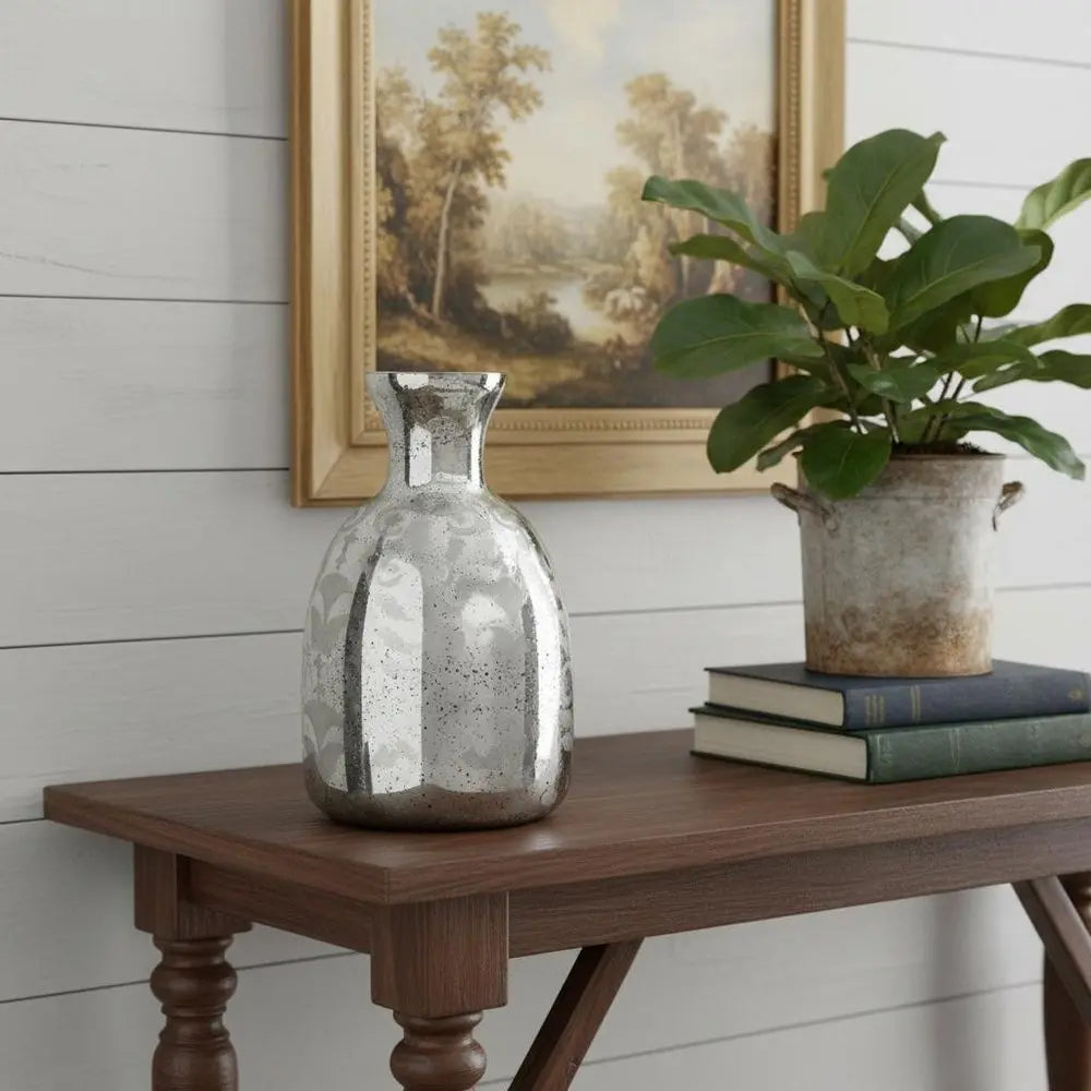 18" Silver Floral Round Glass Table Vase - NOBLE HOME INTERIORS