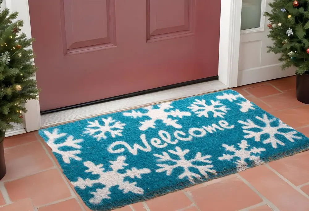 18" X 30" Aqua Blue and White Coir Snowflake Welcome Outdoor Winter Door Mat - NOBLE HOME INTERIORS