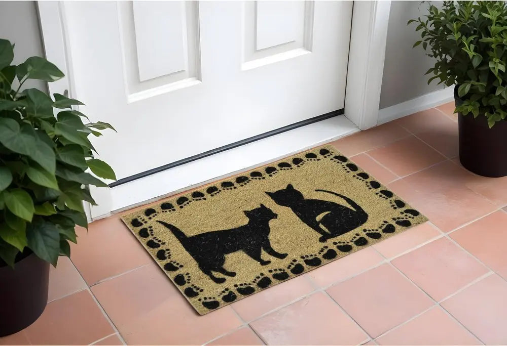 18" X 30" Beige and Black Coir Cat Outdoor Door Mat - NOBLE HOME INTERIORS