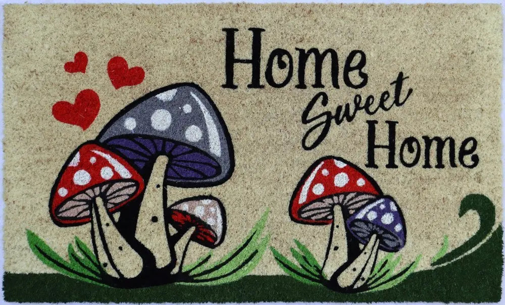 18" X 30" Beige and Black Coir Mushrooms Home Sweet Home Outdoor Door Mat - NOBLE HOME INTERIORS