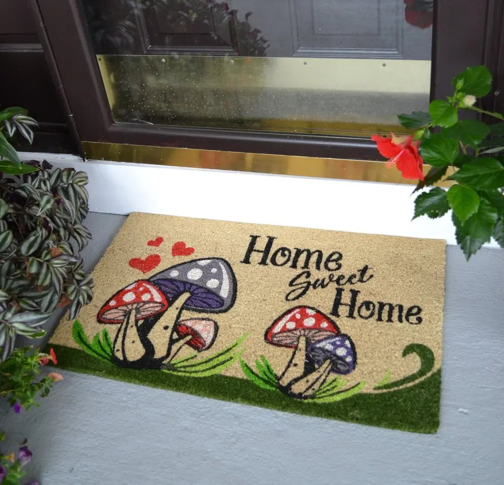 18" X 30" Beige and Black Coir Mushrooms Home Sweet Home Outdoor Door Mat - NOBLE HOME INTERIORS