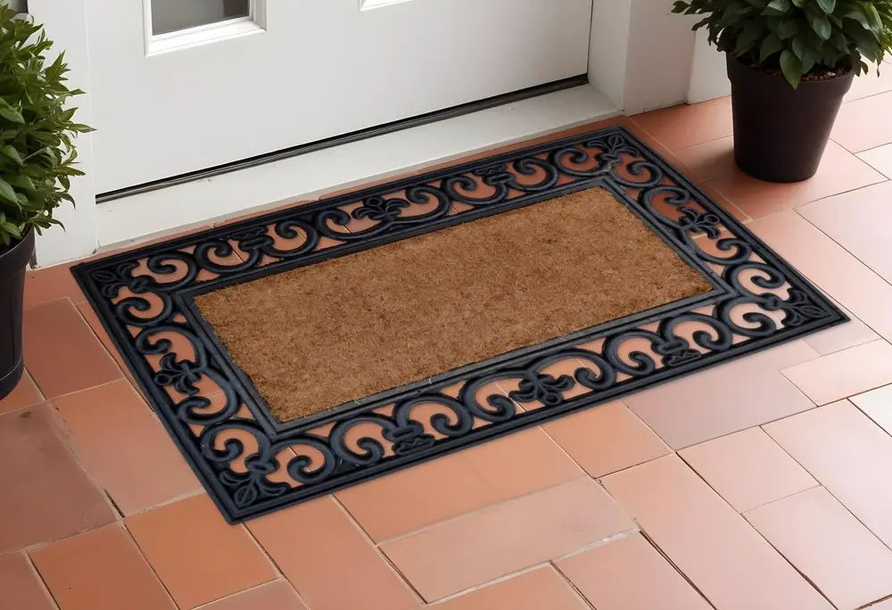 18" X 30" Beige and Black Rubber and Coir Outdoor Door Mat - NOBLE HOME INTERIORS