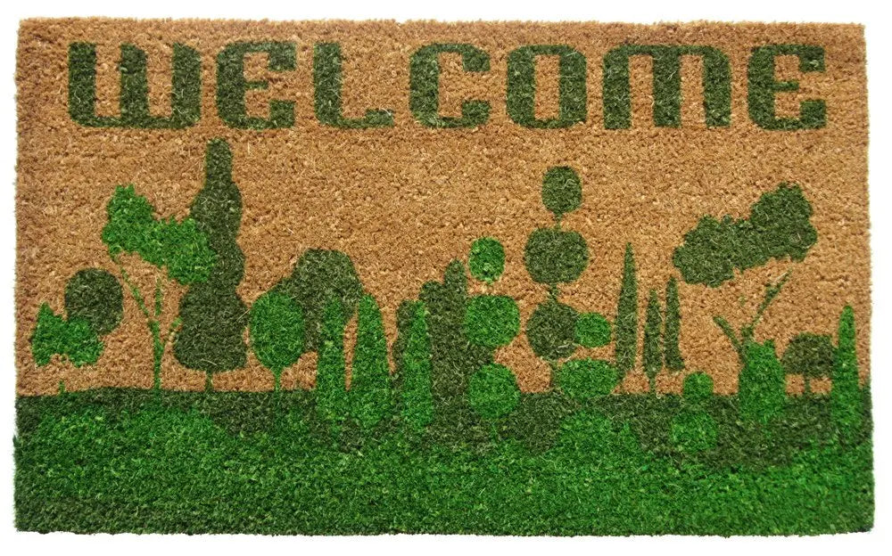 18" X 30" Beige and Green Coir Trees Welcome Outdoor Door Mat - NOBLE HOME INTERIORS