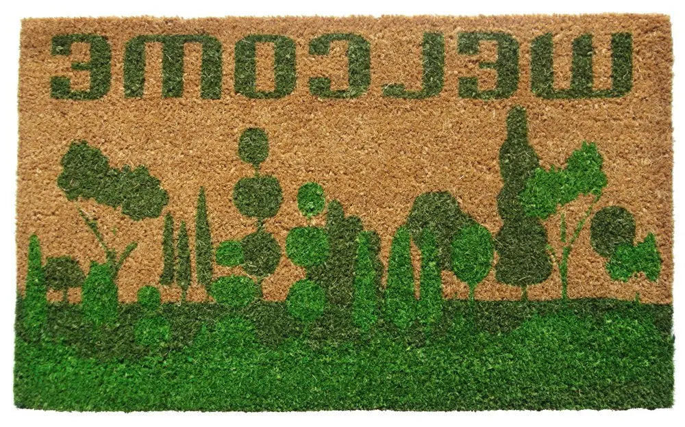 18" X 30" Beige and Green Coir Trees Welcome Outdoor Door Mat - NOBLE HOME INTERIORS