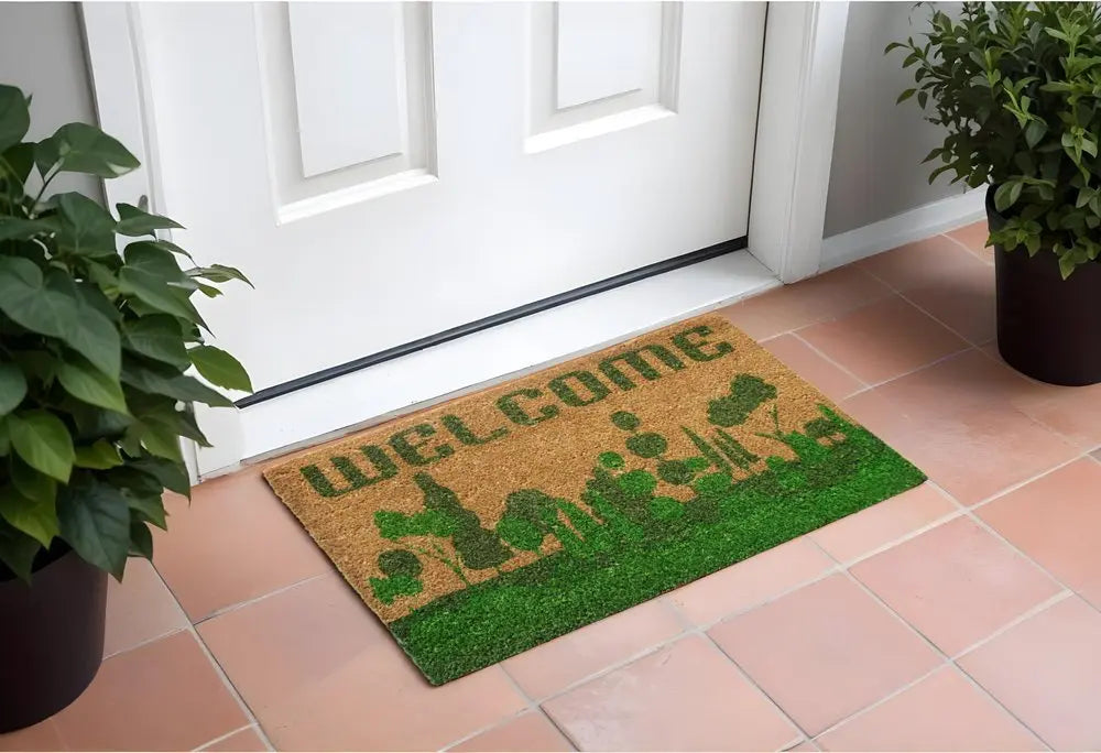18" X 30" Beige and Green Coir Trees Welcome Outdoor Door Mat - NOBLE HOME INTERIORS