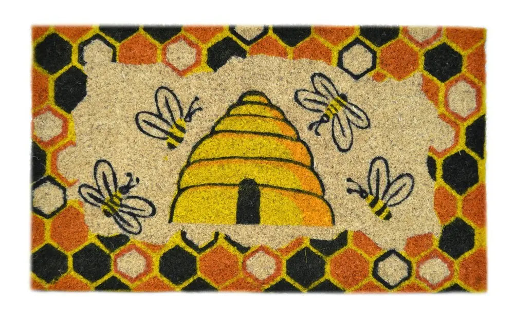 18" X 30" Beige and Orange Coir Bees Outdoor Spring Door Mat - NOBLE HOME INTERIORS