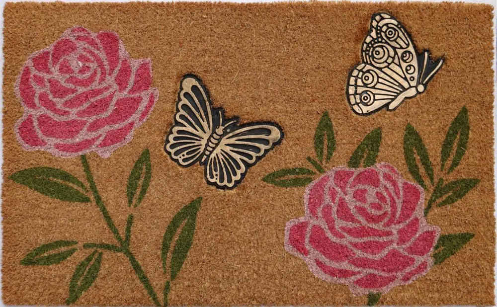 18" X 30" Beige and Pink Coir Floral Outdoor Door Mat - NOBLE HOME INTERIORS