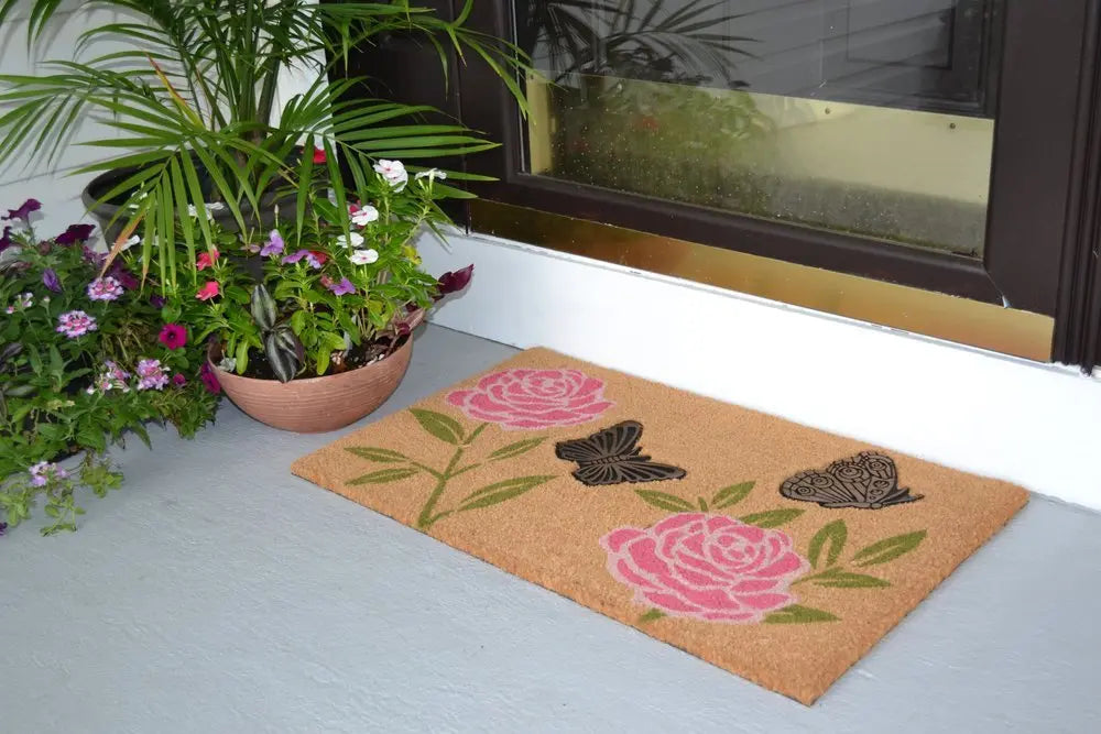 18" X 30" Beige and Pink Coir Floral Outdoor Door Mat - NOBLE HOME INTERIORS