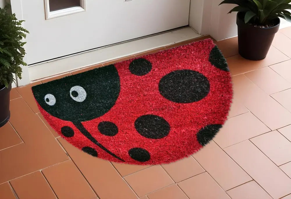 18" X 30" Black and Red Coir Ladybug Outdoor Semi Circle Door Mat - NOBLE HOME INTERIORS