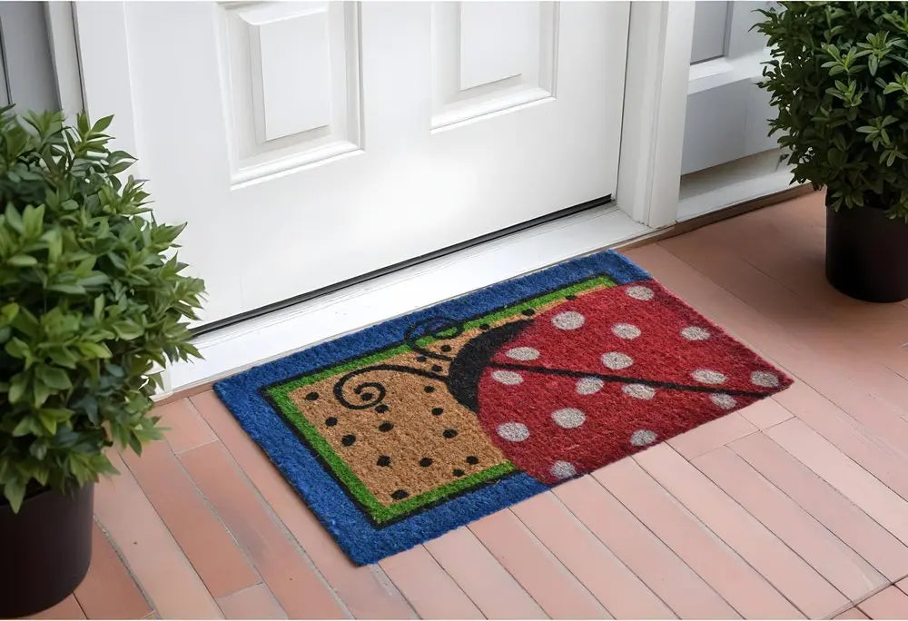 18" X 30" Blue and Brown Coir Ladybug Outdoor Door Mat - NOBLE HOME INTERIORS