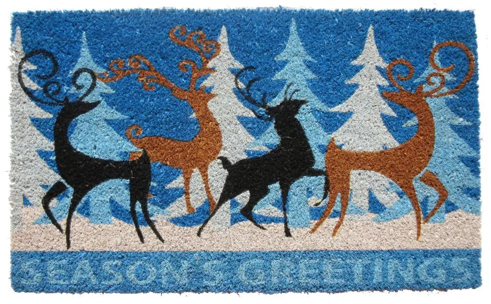 18" X 30" Blue Coir Deer Seasons Greetings Outdoor Holiday Door Mat - NOBLE HOME INTERIORS