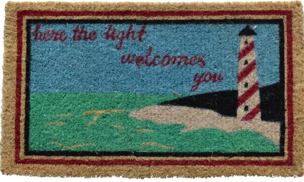 18" X 30" Brown Coir Lighthouse Here The Light Welcomes You Outdoor Door Mat - NOBLE HOME INTERIORS