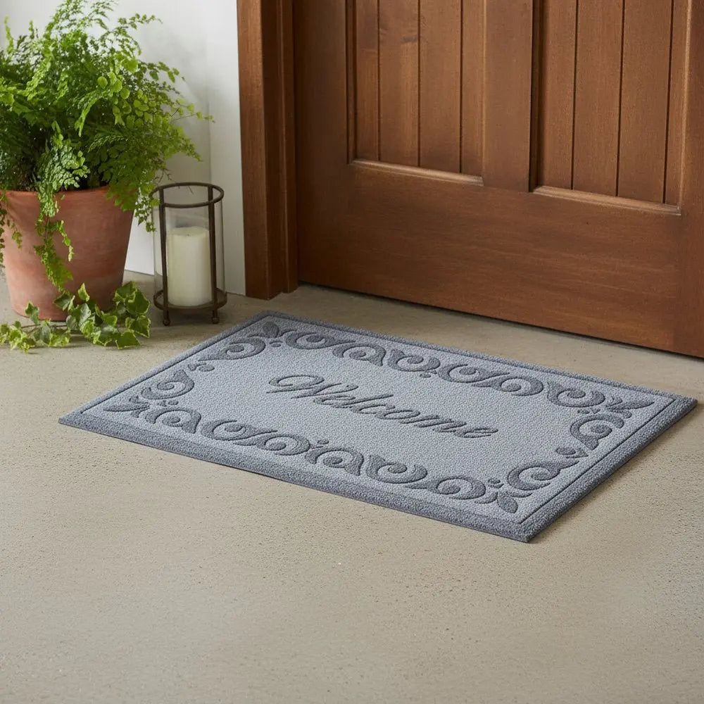 18" X 30" Gray Scrollwork Border Welcome Outdoor Polypropylene Door Mat - NOBLE HOME INTERIORS