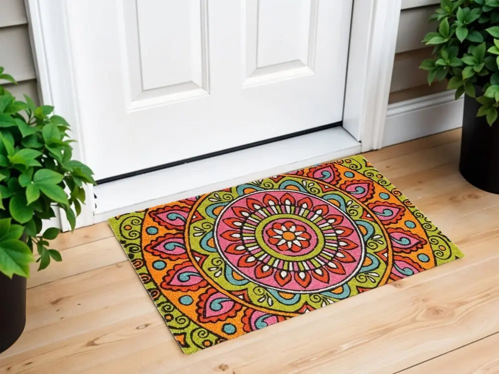 18" X 30" Green and Pink Coir Abstract Outdoor Door Mat - NOBLE HOME INTERIORS