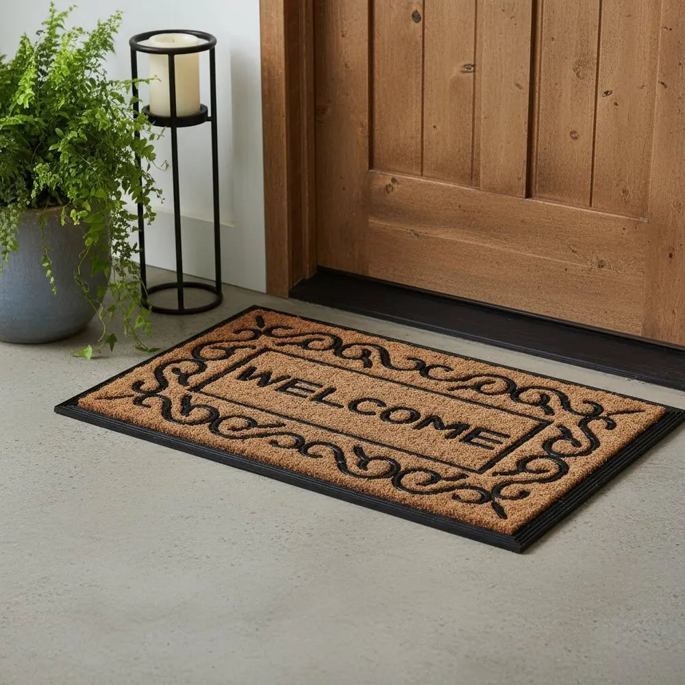 18" X 30" Natural And Black Coir Welcome Outdoor Door Mat - NOBLE HOME INTERIORS