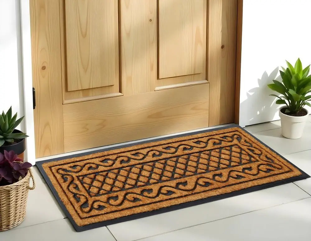 18" X 47" Beige and Black Rubber and Coir Outdoor Door Mat - NOBLE HOME INTERIORS