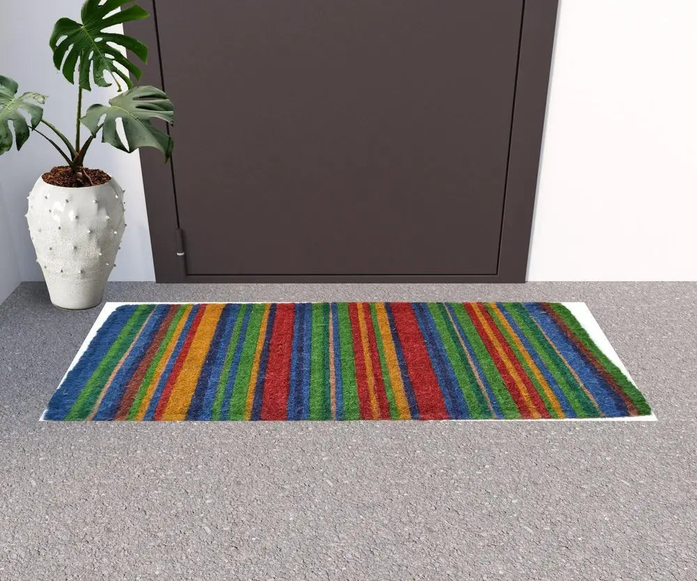 18" X 47" Blue and Green Coir Striped Outdoor Door Mat - NOBLE HOME INTERIORS