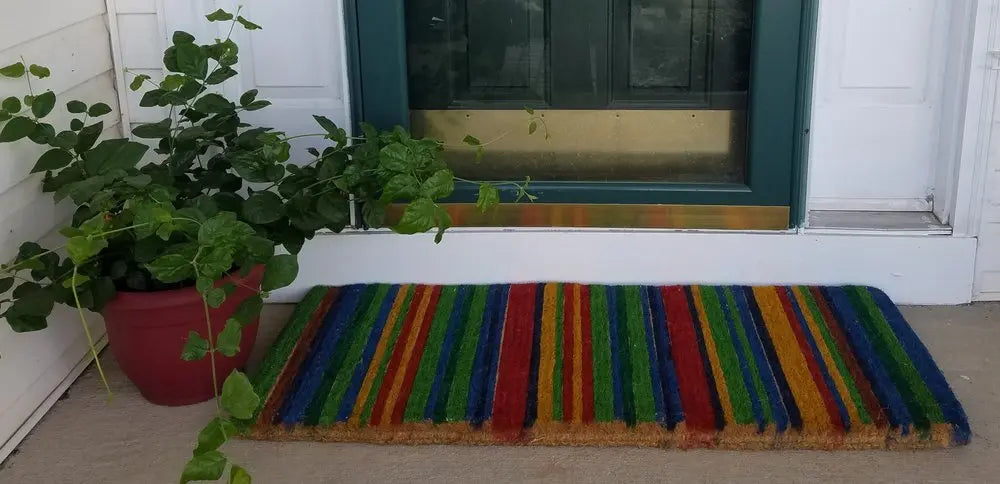18" X 47" Blue and Green Coir Striped Outdoor Door Mat - NOBLE HOME INTERIORS
