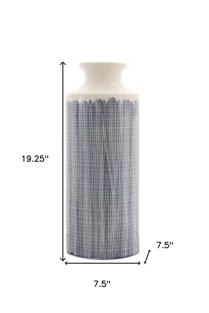 19" Blue and White Geometric Cylinder Terracotta Floor Vase - NOBLE HOME INTERIORS