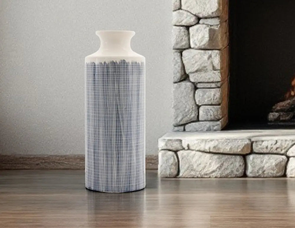 19" Blue and White Geometric Cylinder Terracotta Floor Vase - NOBLE HOME INTERIORS