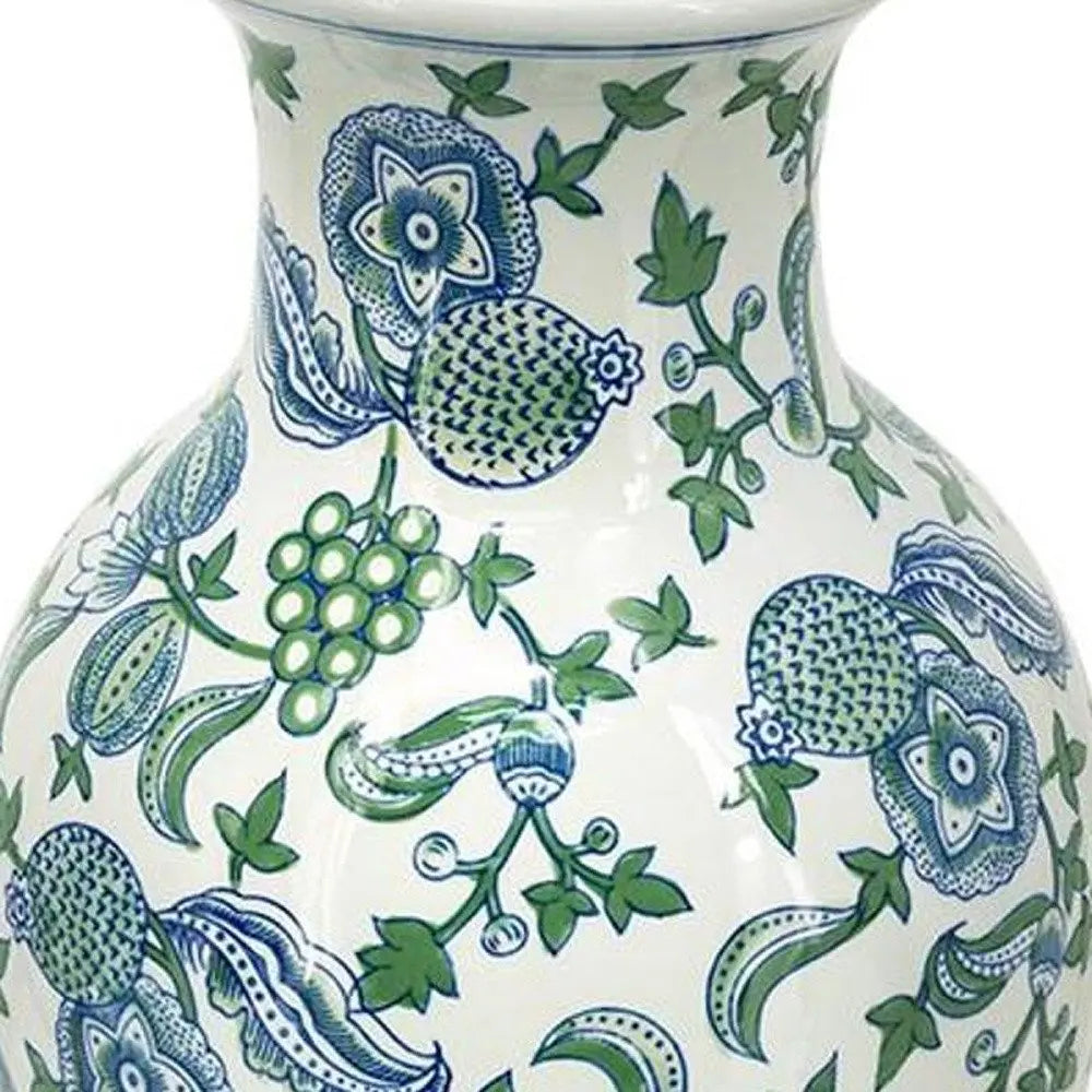 19" White Blue And Green Floral Urn Porcelain Table Vase - NOBLE HOME INTERIORS
