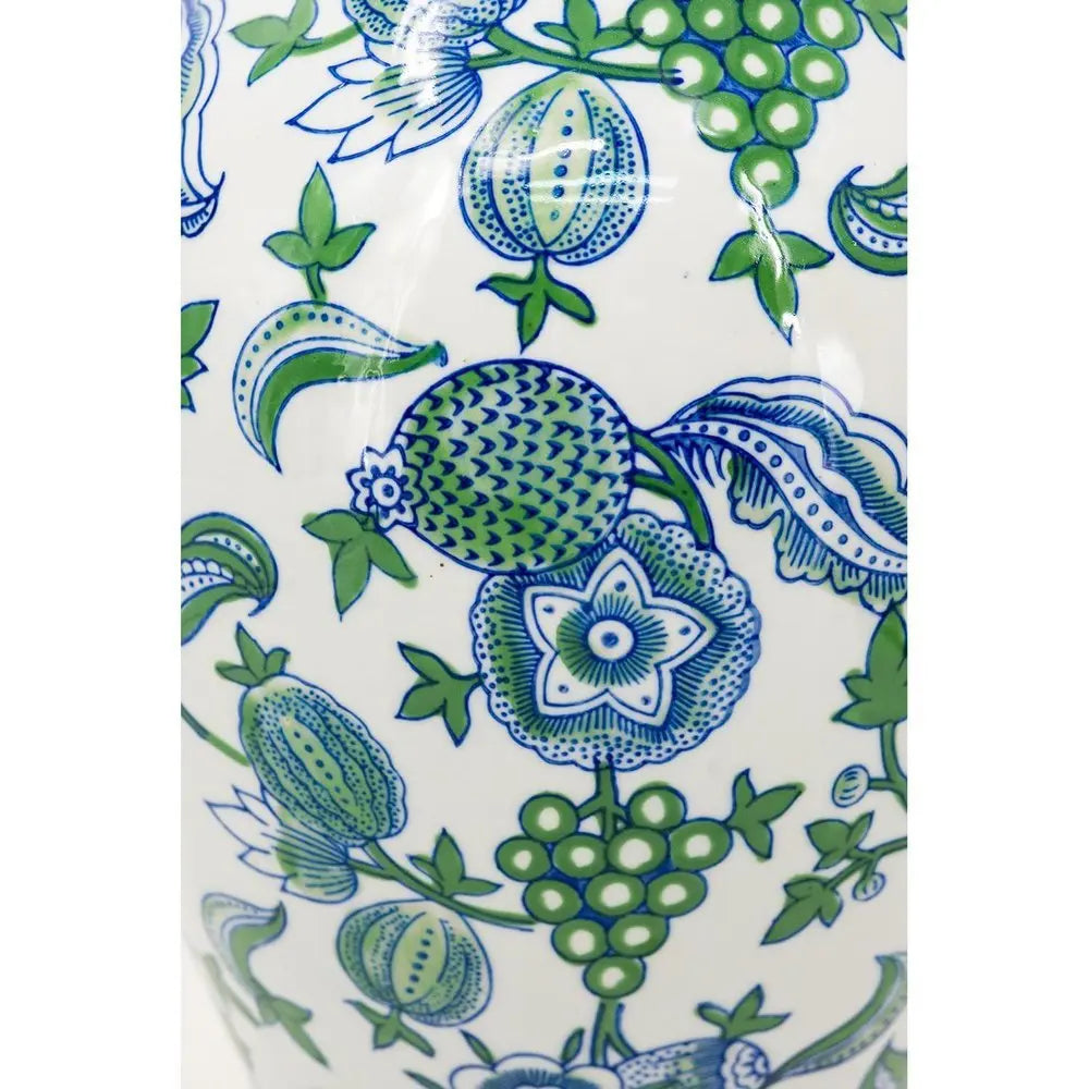 19" White Blue And Green Floral Urn Porcelain Table Vase - NOBLE HOME INTERIORS
