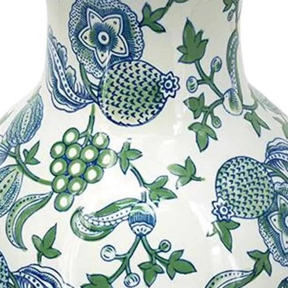 19" White Blue And Green Floral Urn Porcelain Table Vase - NOBLE HOME INTERIORS