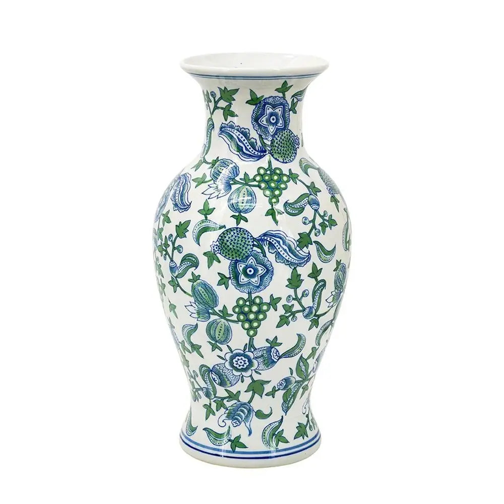19" White Blue And Green Floral Urn Porcelain Table Vase - NOBLE HOME INTERIORS