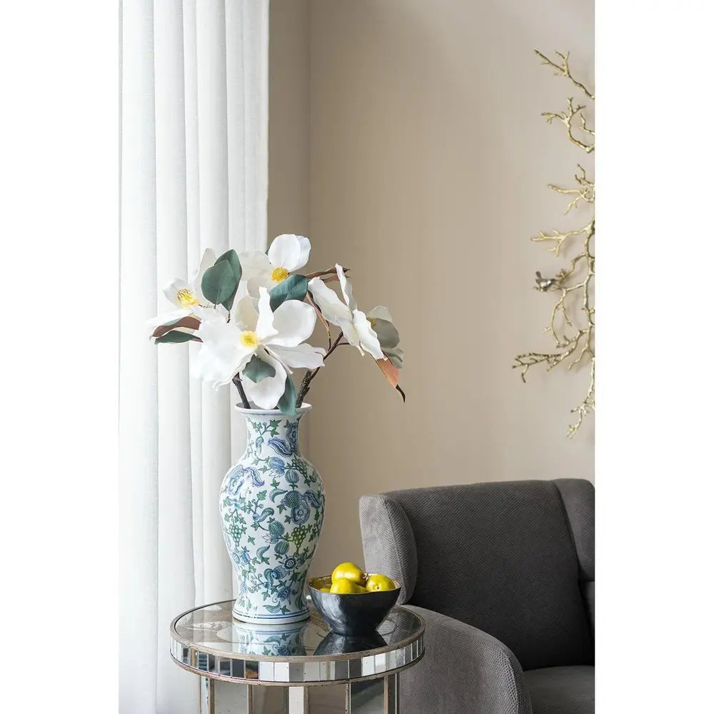 19" White Blue And Green Floral Urn Porcelain Table Vase - NOBLE HOME INTERIORS