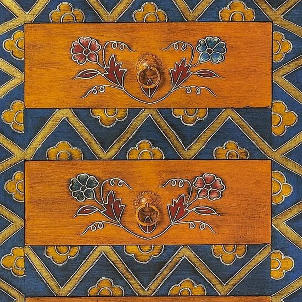 20" Blue and Brown Hand Painted Wood Accent Cabinet With Three Drawers - NOVA HOME FURNITURE