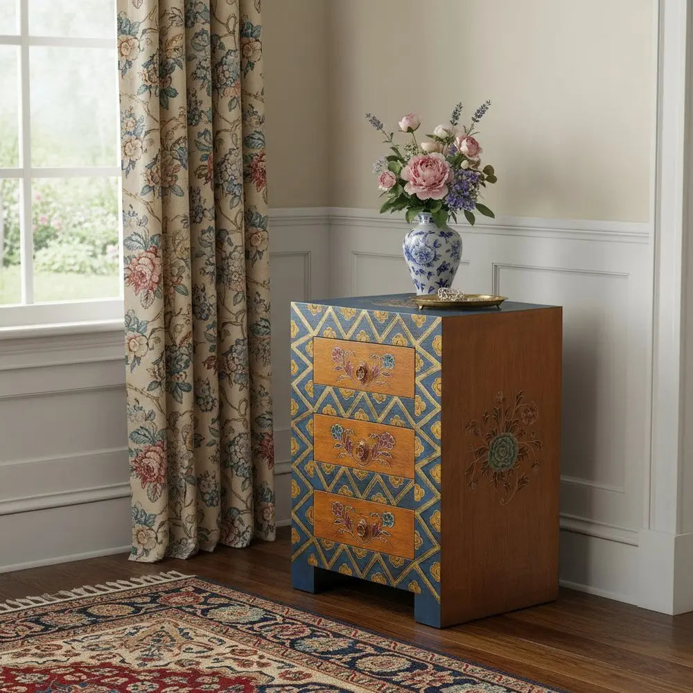 20" Blue and Brown Hand Painted Wood Accent Cabinet With Three Drawers - NOVA HOME FURNITURE