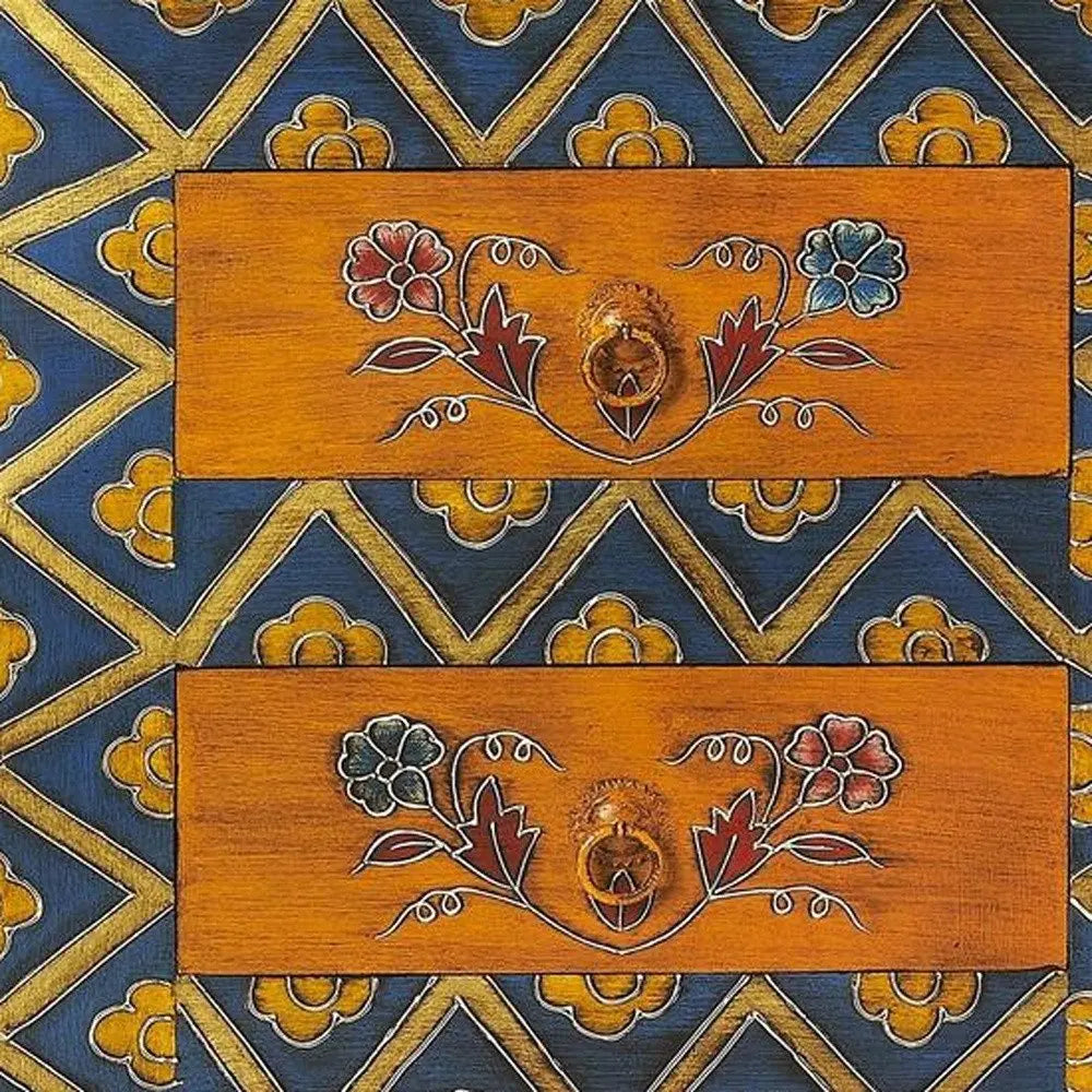 20" Blue and Brown Hand Painted Wood Accent Cabinet With Three Drawers - NOVA HOME FURNITURE