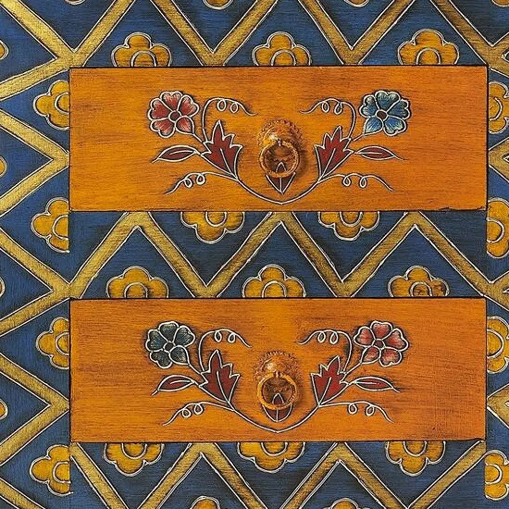 20" Blue and Brown Hand Painted Wood Accent Cabinet With Three Drawers - NOVA HOME FURNITURE