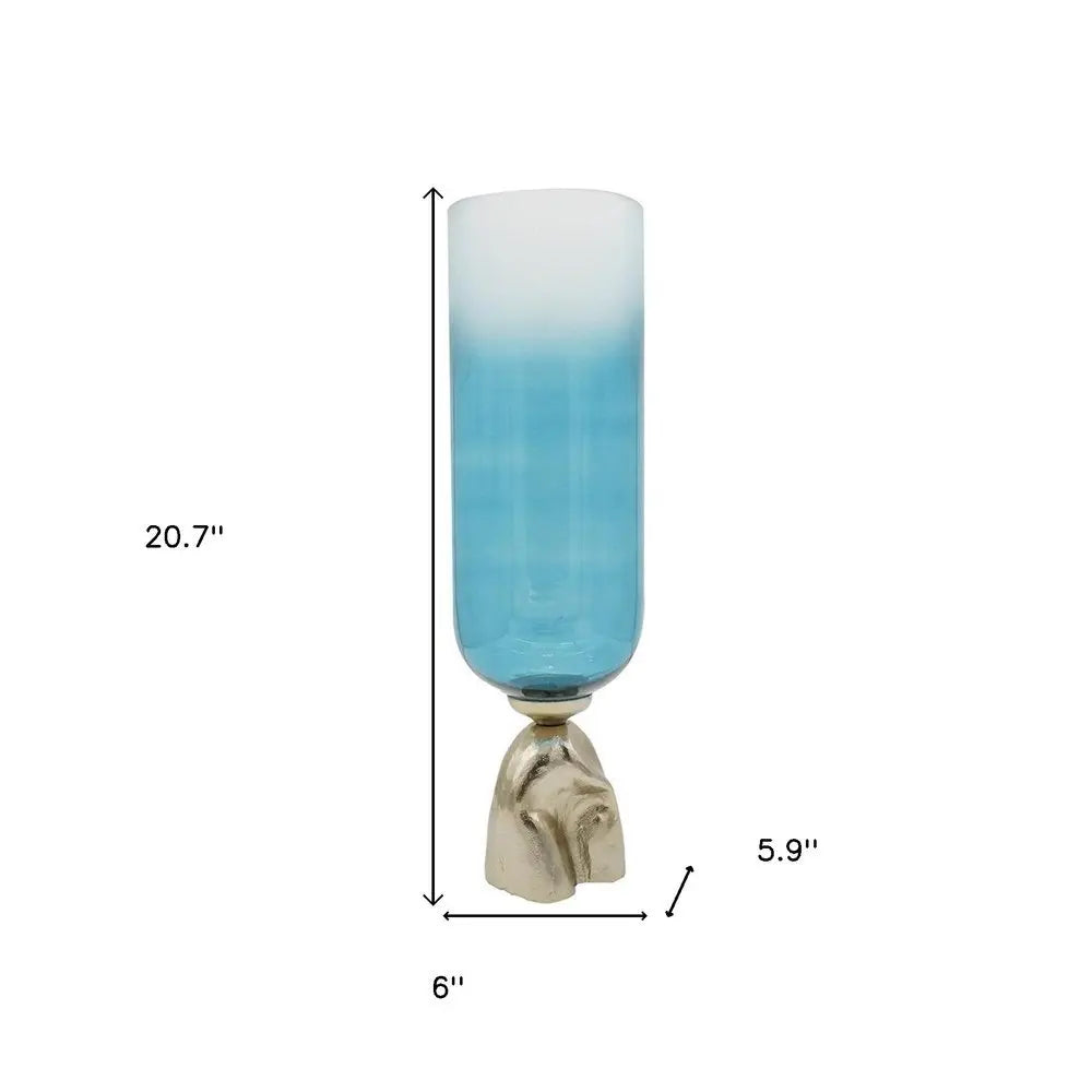 21" Blue White And Gold Ombre Glass And Aluminum Pedestal Table Vase - NOBLE HOME INTERIORS