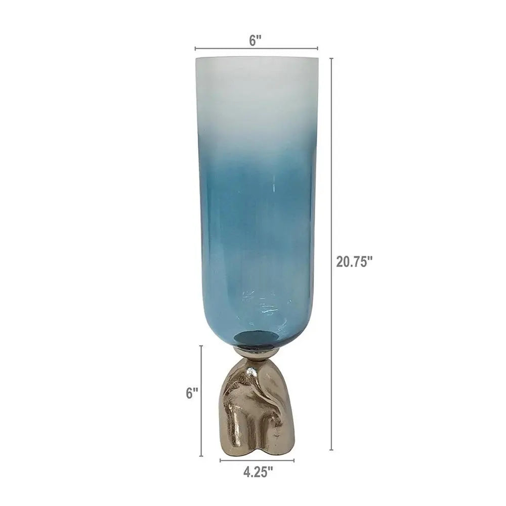 21" Blue White And Gold Ombre Glass And Aluminum Pedestal Table Vase - NOBLE HOME INTERIORS