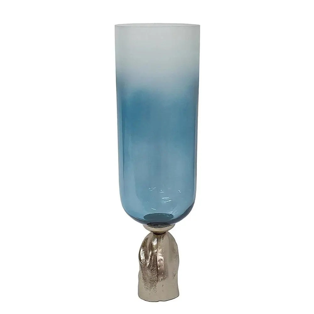 21" Blue White And Gold Ombre Glass And Aluminum Pedestal Table Vase - NOBLE HOME INTERIORS