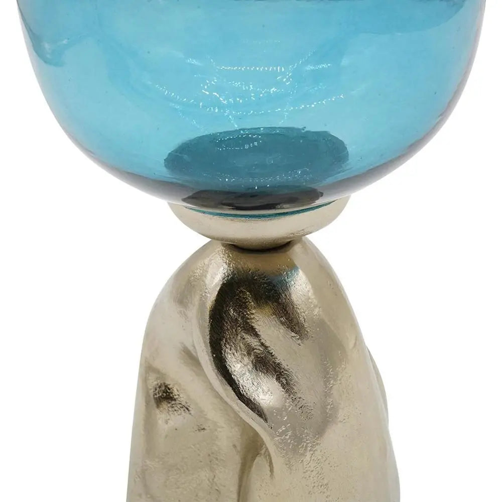 21" Blue White And Gold Ombre Glass And Aluminum Pedestal Table Vase - NOBLE HOME INTERIORS