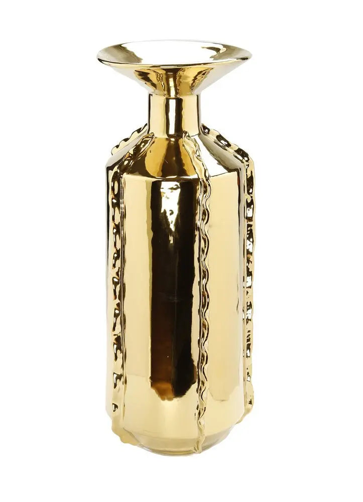 21" Gold Trumpet Ceramic Table Vase With Sculptural Details - NOBLE HOME INTERIORS