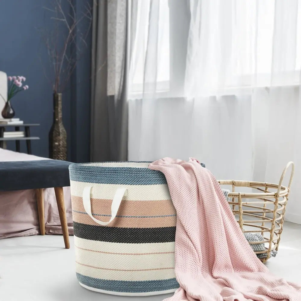 21" White Fabric Basket - NOBLE HOME INTERIORS