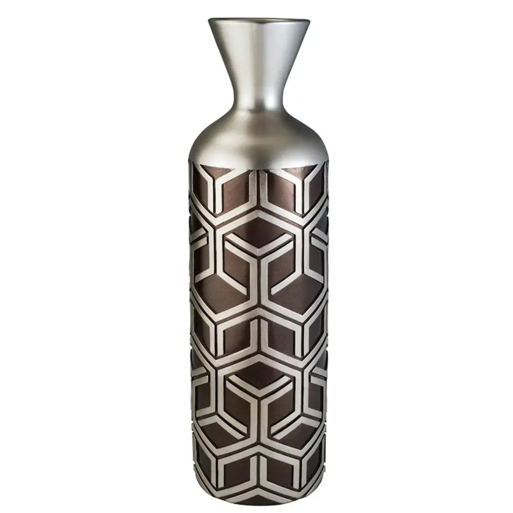 22" Brown and Silver Geometric Cylinder Polyresin Floor Vase - NOBLE HOME INTERIORS