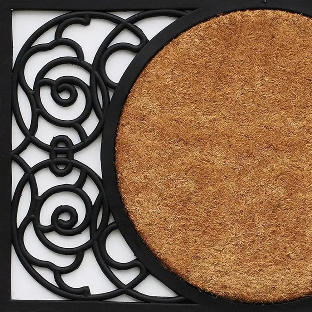 22" X 36" Black And Natural Geo Scrollwork Outdoor Rubber And Coir Door Mat - NOBLE HOME INTERIORS