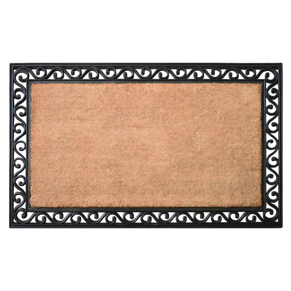22" X 36" Natural and Black Coir Scrollwork Outdoor Door Mat - NOBLE HOME INTERIORS