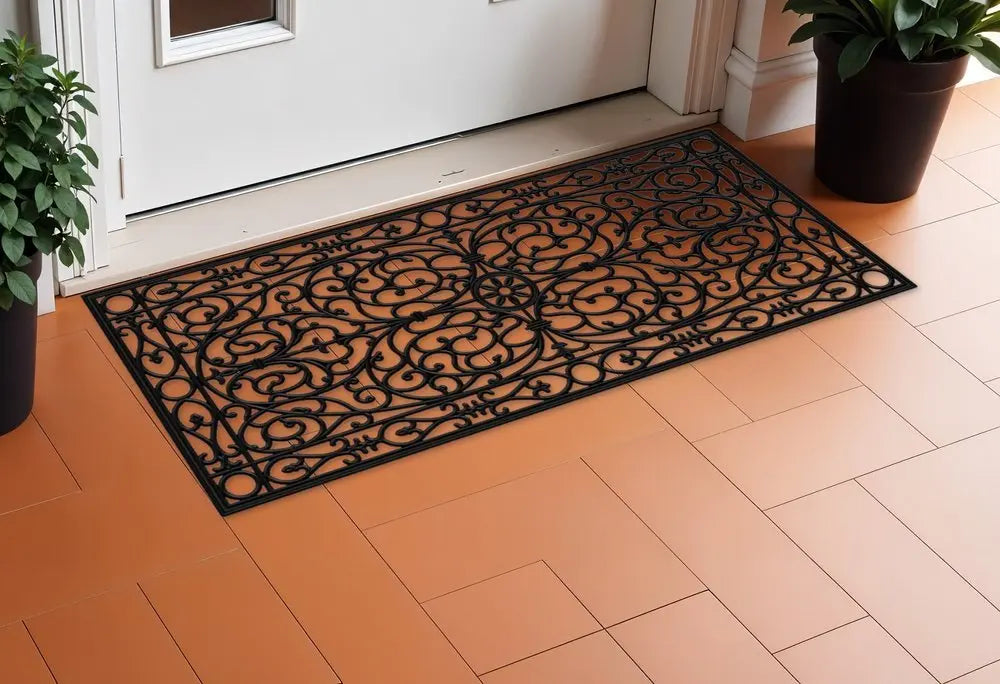 22" X 48" Black Scrollwork Outdoor Rubber Door Mat - NOBLE HOME INTERIORS