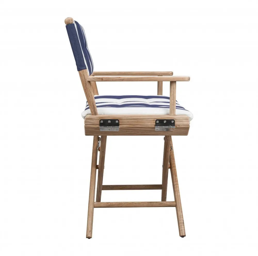 23" Blue and White and Natural Wood Solid Wood Indoor Outdoor Director Chair with Blue and White Cushion - NOBLE HOME INTERIORS