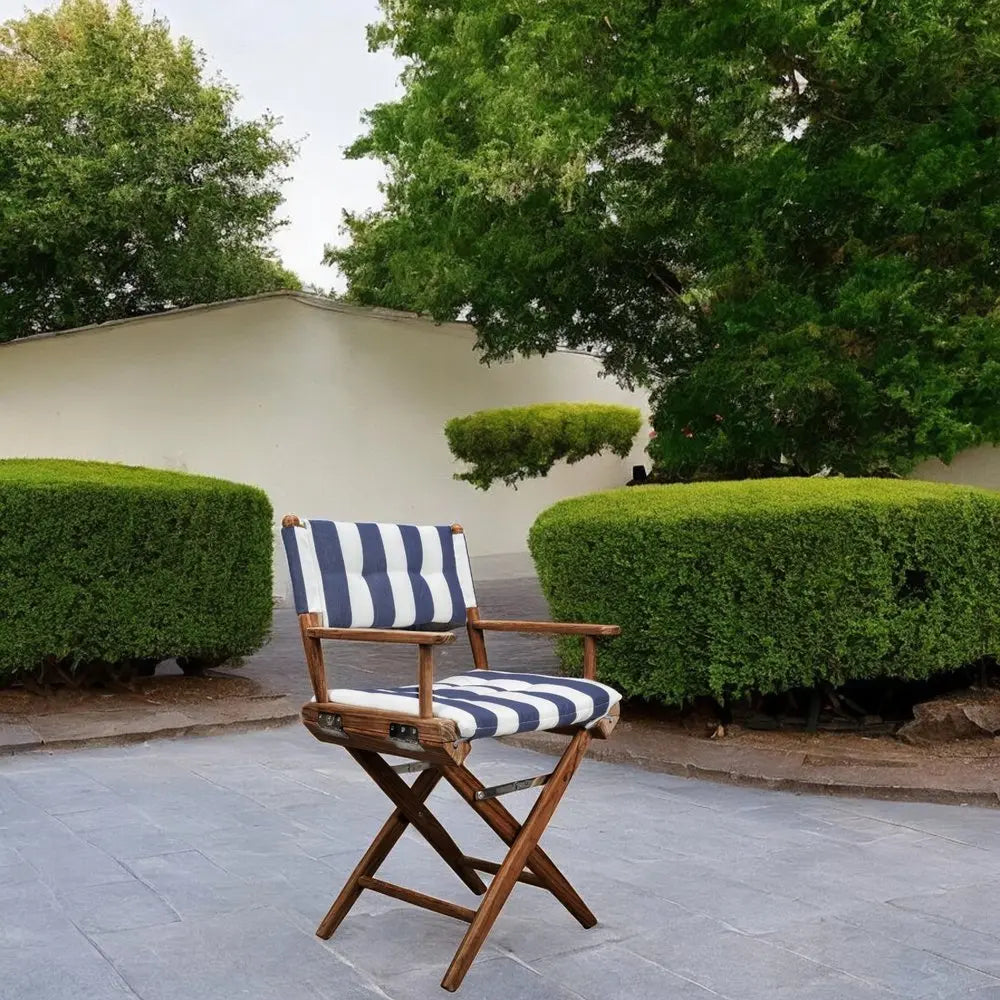 23" Blue and White and Natural Wood Solid Wood Indoor Outdoor Director Chair with Blue and White Cushion - NOBLE HOME INTERIORS