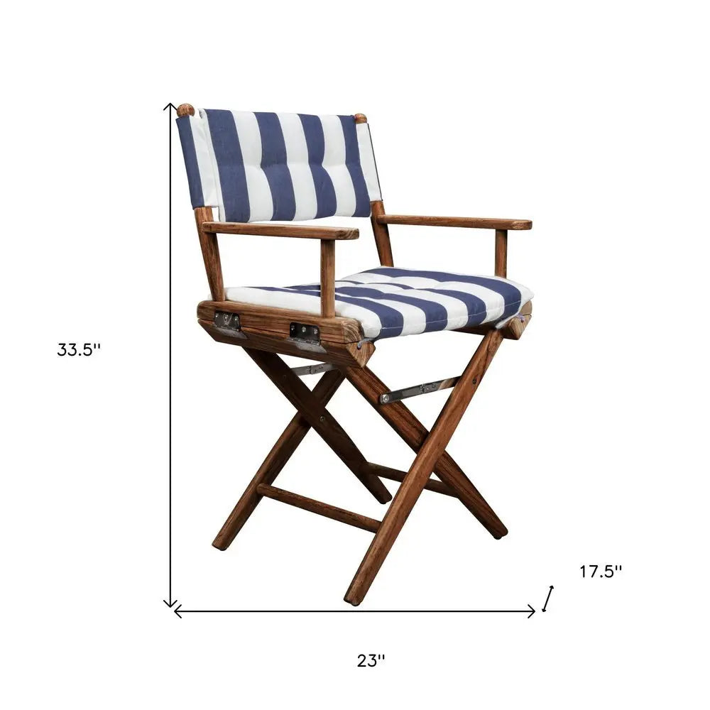 23" Blue and White and Natural Wood Solid Wood Indoor Outdoor Director Chair with Blue and White Cushion - NOBLE HOME INTERIORS