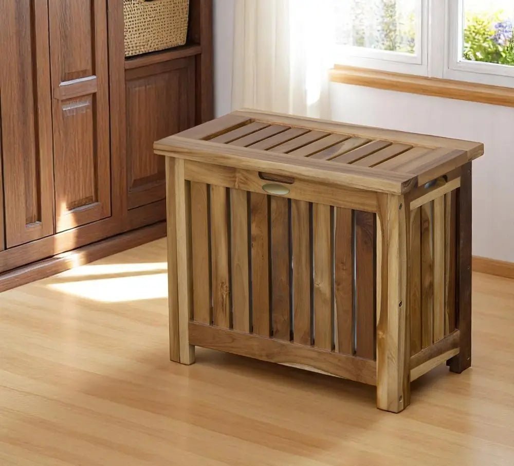 23" Brown Solid Wood Laundry Hamper With Lid - NOBLE HOME INTERIORS
