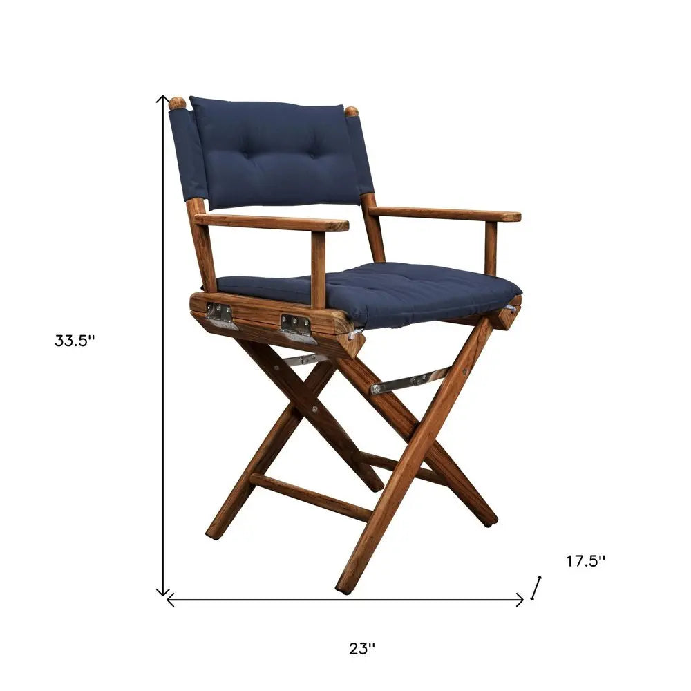 23" Navy Blue and Brown Solid Wood Indoor Outdoor Director Chair with Navy Blue Cushion - NOBLE HOME INTERIORS