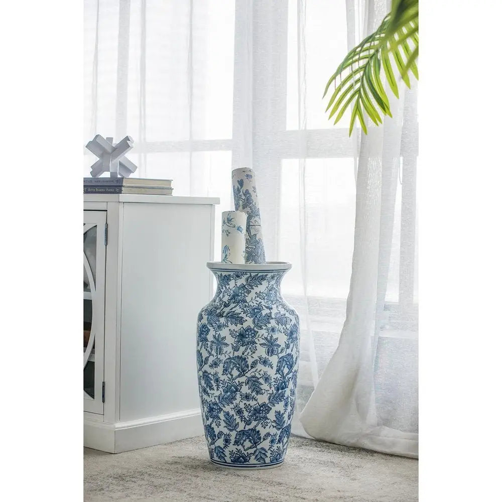 24" Blue And White Chinoiserie Porcelain Urn Table Vase - NOBLE HOME INTERIORS