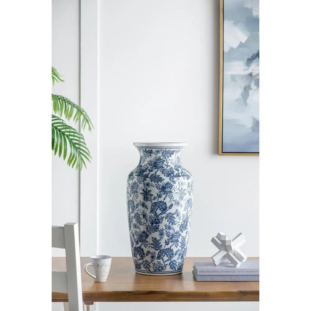 24" Blue And White Chinoiserie Porcelain Urn Table Vase - NOBLE HOME INTERIORS
